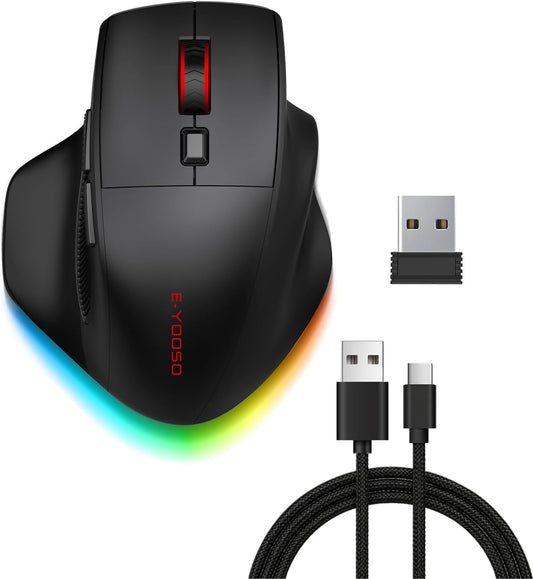E-YOOSO X54 Rechargeable Ergonomic Wireless Bluetooth Wired Mouse | 1000mAH Big Battery,1K Polling,12K DPI,M/Large Hand,Quiet Clicks,RGB Lights,Mice for Laptop/Computer/PC/Macbook/Office/Gaming