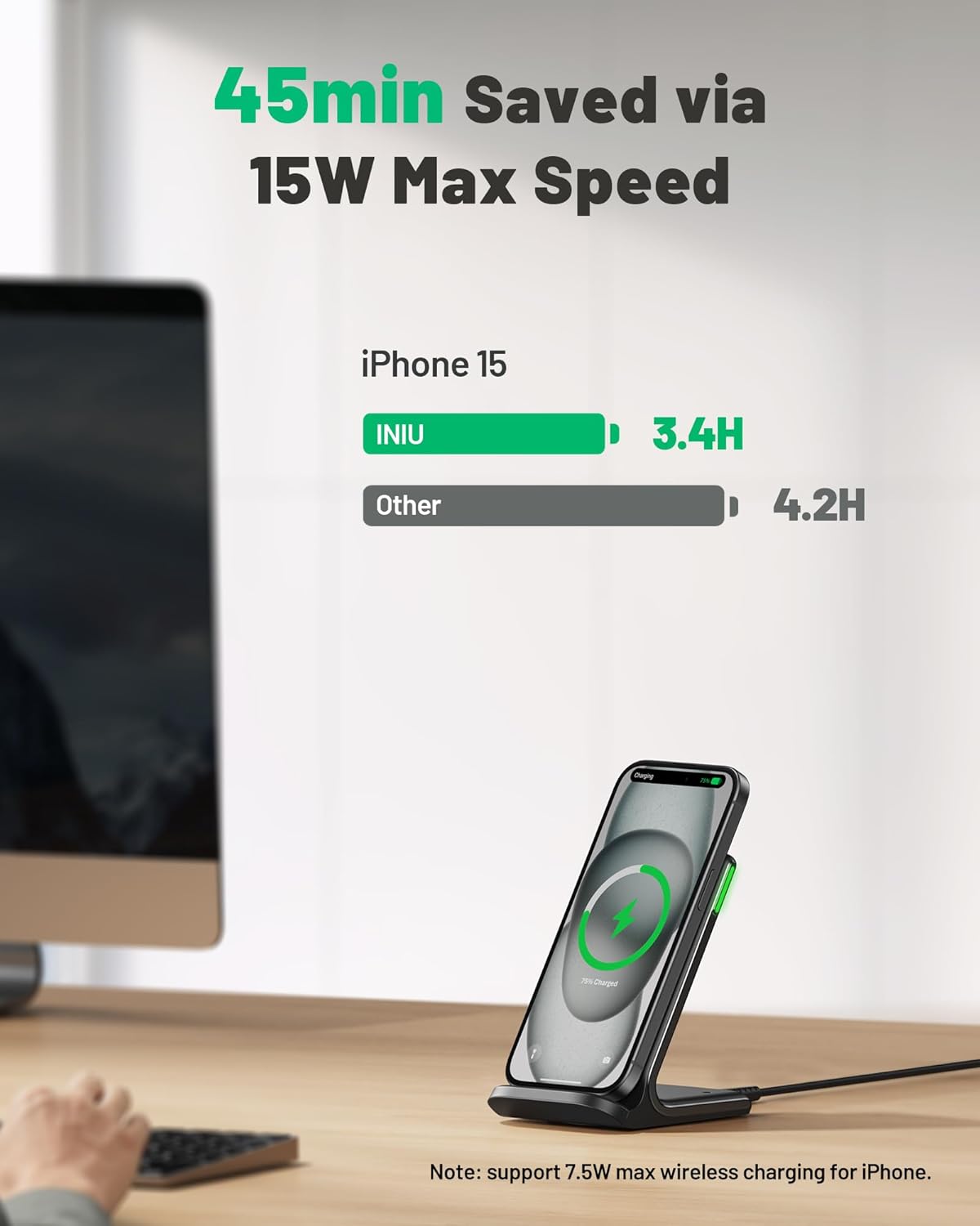 INIU Wireless Charger, 15W Fast Wireless Charging Phone Station with LED | Sleep-Friendly Adaptive Light, Exclusive Temp°Guard, Wireless Charging Station for iPhone 17 16 Pro Max, Samsung S25 S24 etc