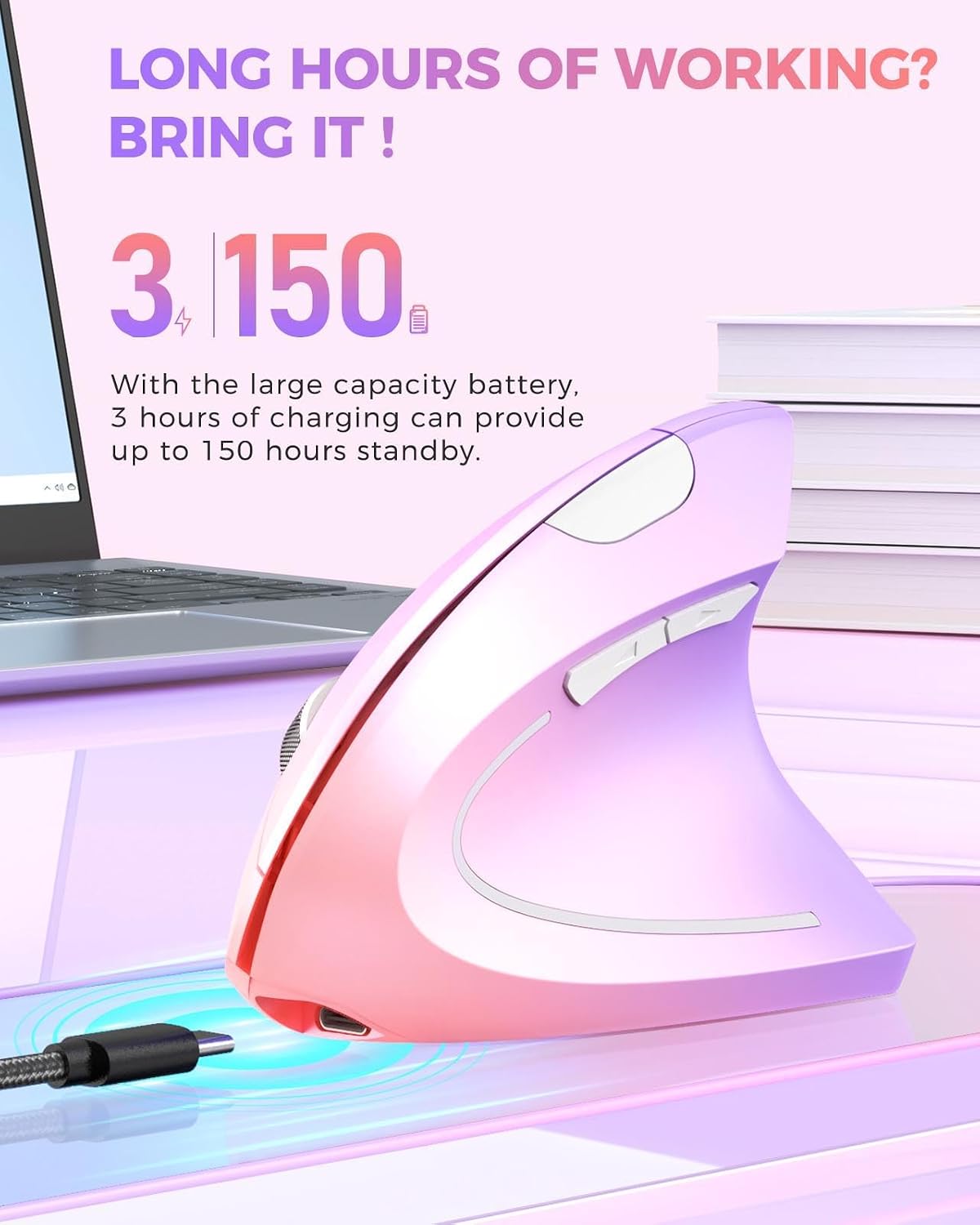 Lekvey Ergonomic Mouse, Vertical Wireless Mouse, Rechargeable, Pink Purple