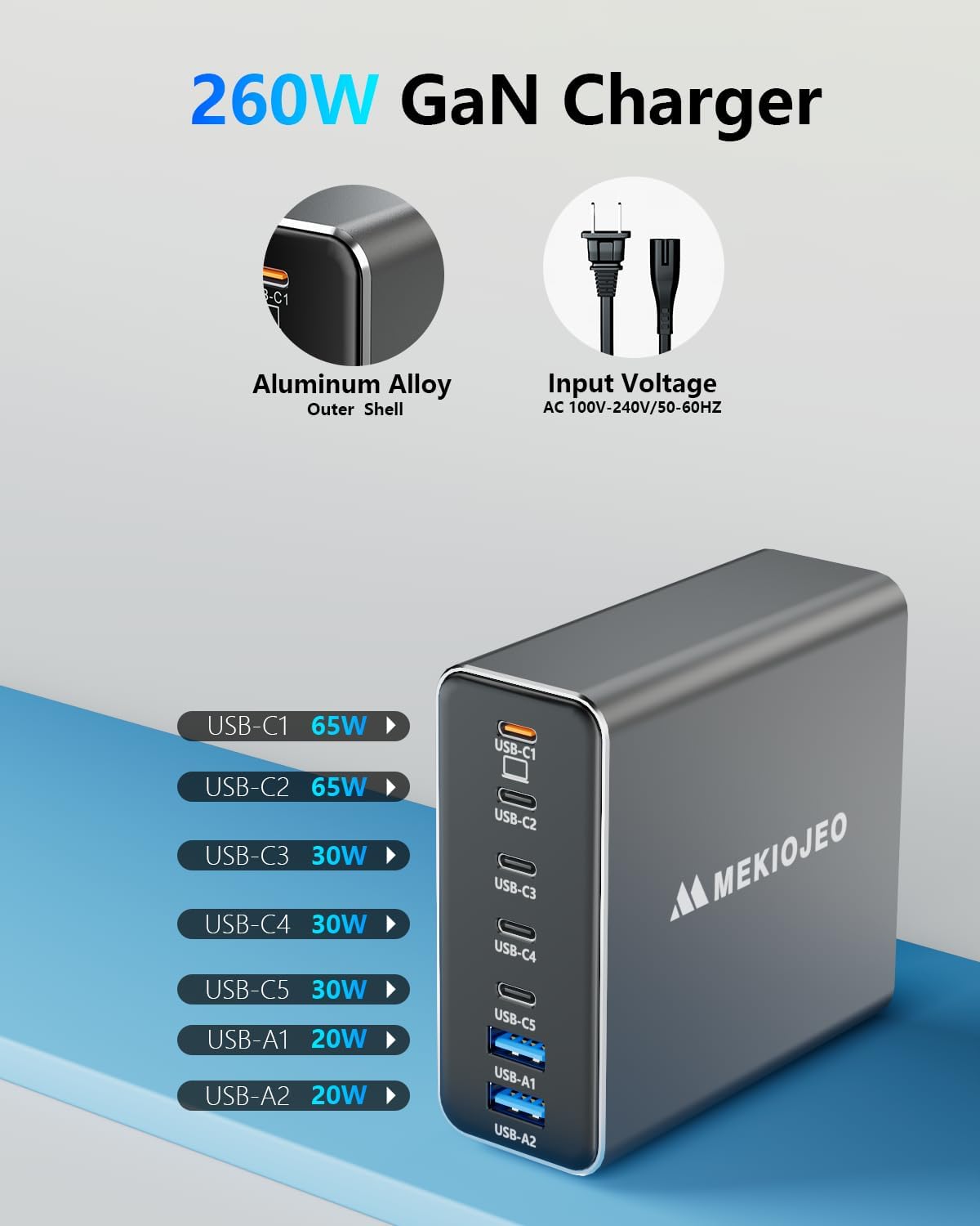 Aluminum Alloy 260W USB C Charger GaN Fast USB C Charging Station 7 Ports | 65W Laptop Charger for MacBook Pro/Air/iPad Pro/iPhone