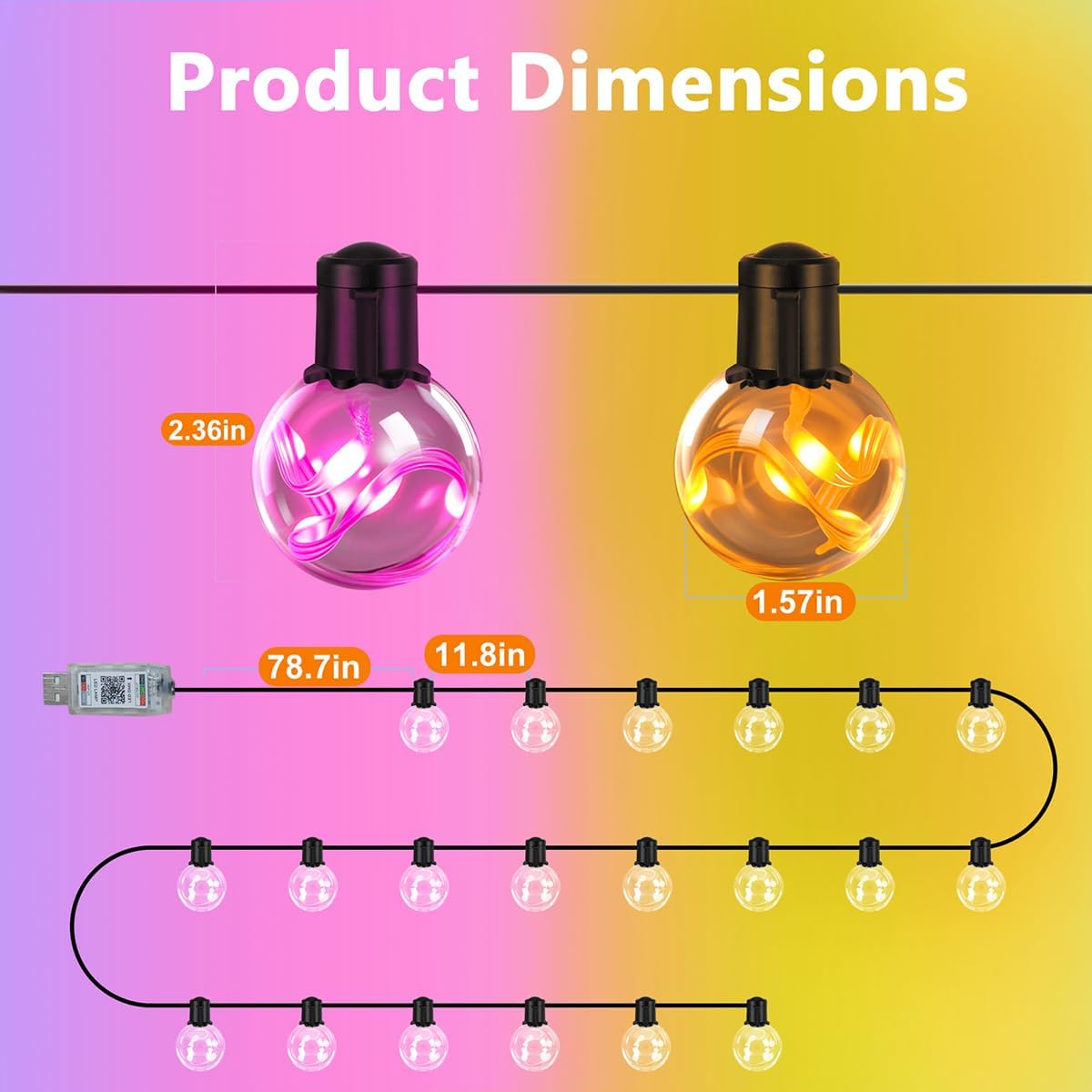 Outdoor String Lights USB Plug-in,22ft 20 Color Changing LED Bulbs