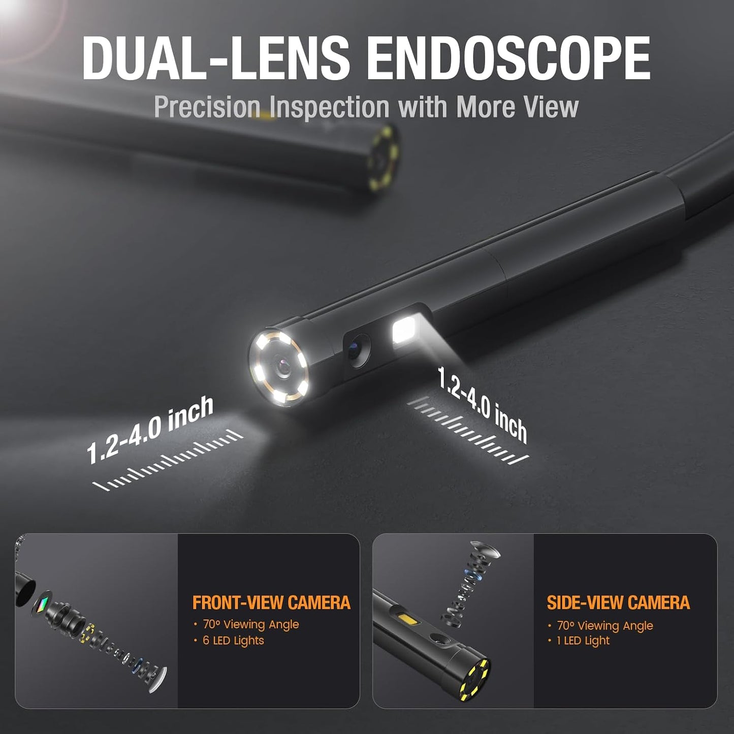 Teslong 5mm Dual Lens Borescope Camera for Home/Automotive/Pipe/Car/Wall | 5" IPS Screen Endoscope, 5FT Cable, 1.0MP HD, 8LED Lights, 32GB TF Card, IP67 Waterproof, 3500mAh Battery, Carrying Case