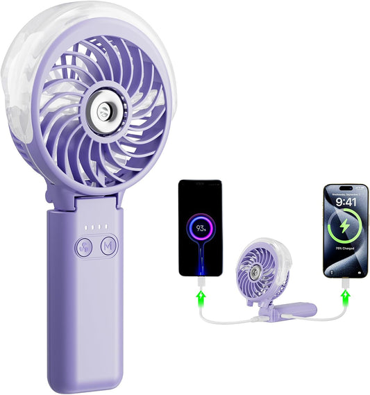 HandFan 5200mAh Upgraded Portable Misting Fan, Rechargeable Handheld Mister Fan, Spray Water Mist Fans, Mini Cooling AC Ice Fans for Beach Travel Concerts, Gifts for Women(Light Purple)