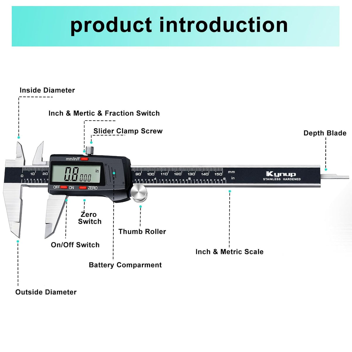 Kynup Digital Caliper, Caliper Measuring Tool, Micrometer Dial Caliper | 6 Inch Vernier Caliper with Large LCD Screen, Stainless Steel, Auto-Off, Inch/Metric/Fraction Conversion, Precise DIY Tools