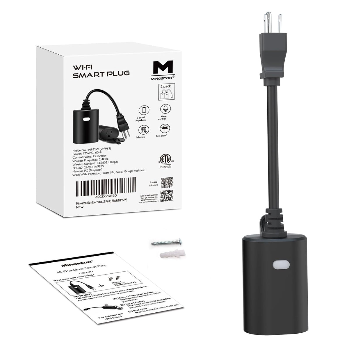 Minoston Outdoor Smart Plug, IP65, 2.4G WiFi Only, FCC Listed, 2 Pack