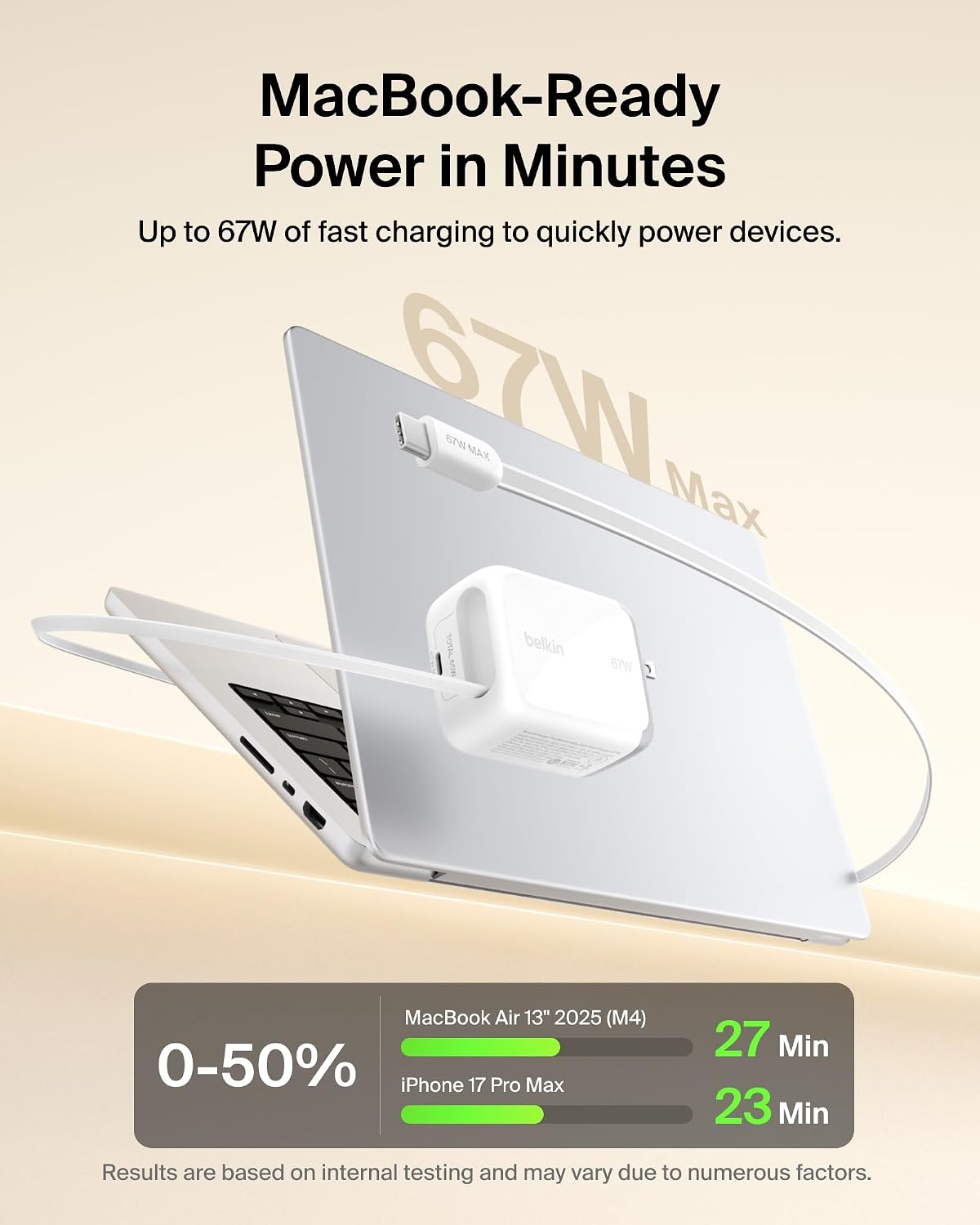 Belkin 67W GaN USB C Retractable Charger Block Fast Charging for Travel | 3.3ft Retractable Cable, USB C Port, iPhone 17, Galaxy S26, AirPods, iPads, MacBook, Travel Charger, Charge Up to 2 Devices
