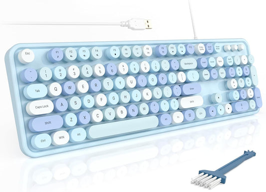MOFII Computer Keyboards Wired, Plug Play USB Full Size Typewriter Keyboard, Cute Colorful Aesthetic Keyboard with Foldable Stands for Windows PC Laptop (Blue Colorful)