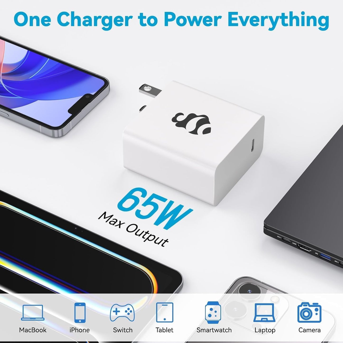 NIMO 65W GaN USB C Fast Charger, Compact PD 3.0 Adapter with 6.6ft Cable, Reliable Laptop Power Block for MacBook Pro/Air, iPhone-17/16 Pro Max, iPad, Sam-sung-S26/S25, PPS Charger for Travel Office