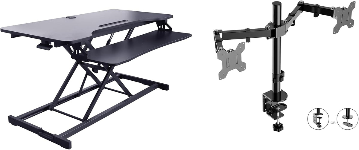Rocelco 43" Height Adjustable Standing Desk Converter with Premium Dual Monitor Arm Mount - Tall Stand Up Tabletop Riser and Tablet Slot - Computer Workstation - Keyboard Tray - Black (R VADRB-43-MA2)