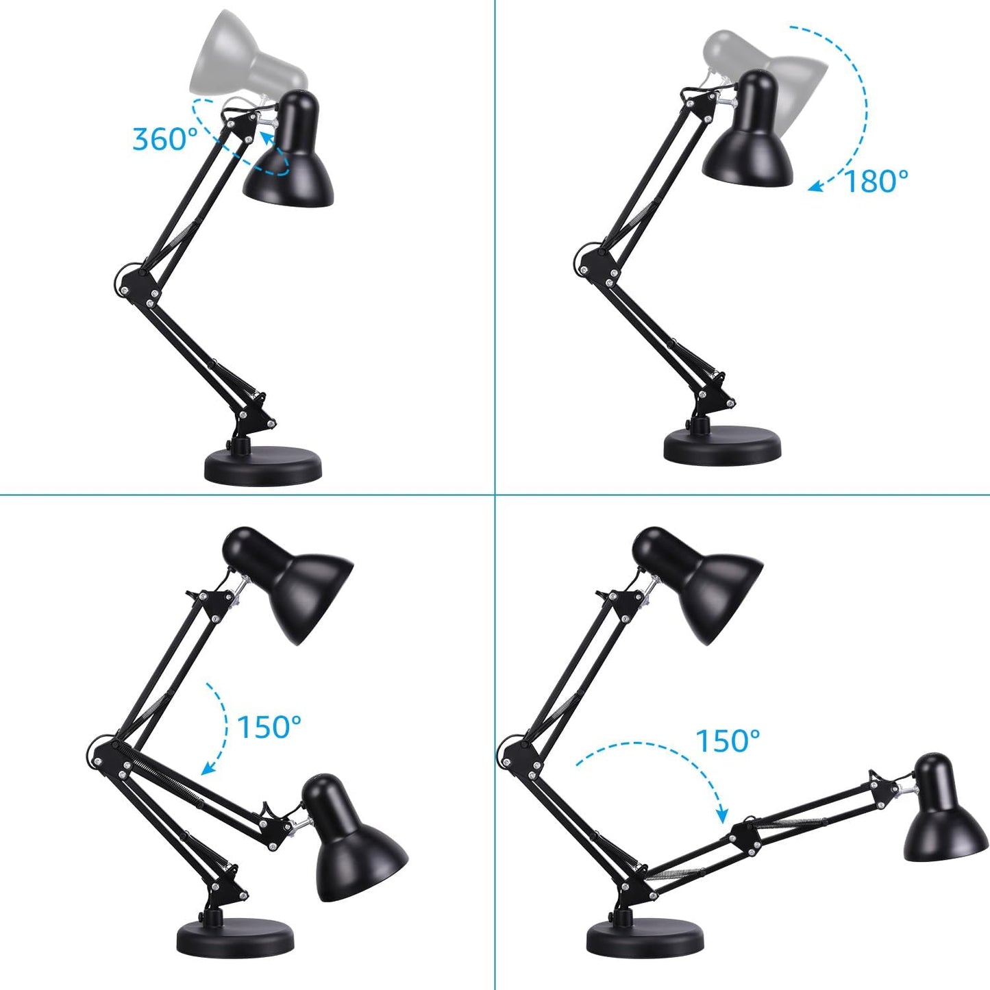 TORCHSTAR Metal Desk Lamp, Adjustable Swing Arm, E26, Black | Architect Gooseneck Multi-Joint Clip Table Lamp with Plastic Clamp, for Home Office, Work, Study, Reading, Bulbs not Included