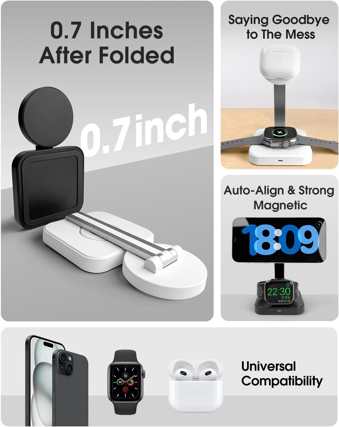 Wireless Charging Station for Magsafe Charger, Wireless Charger for iPhone 17/16/15/14/13 Series/Apple Watch/AirPods Pro, Faster Magnetic Charger Stand, Adjustable Angle Foldable Travel Phone Holder