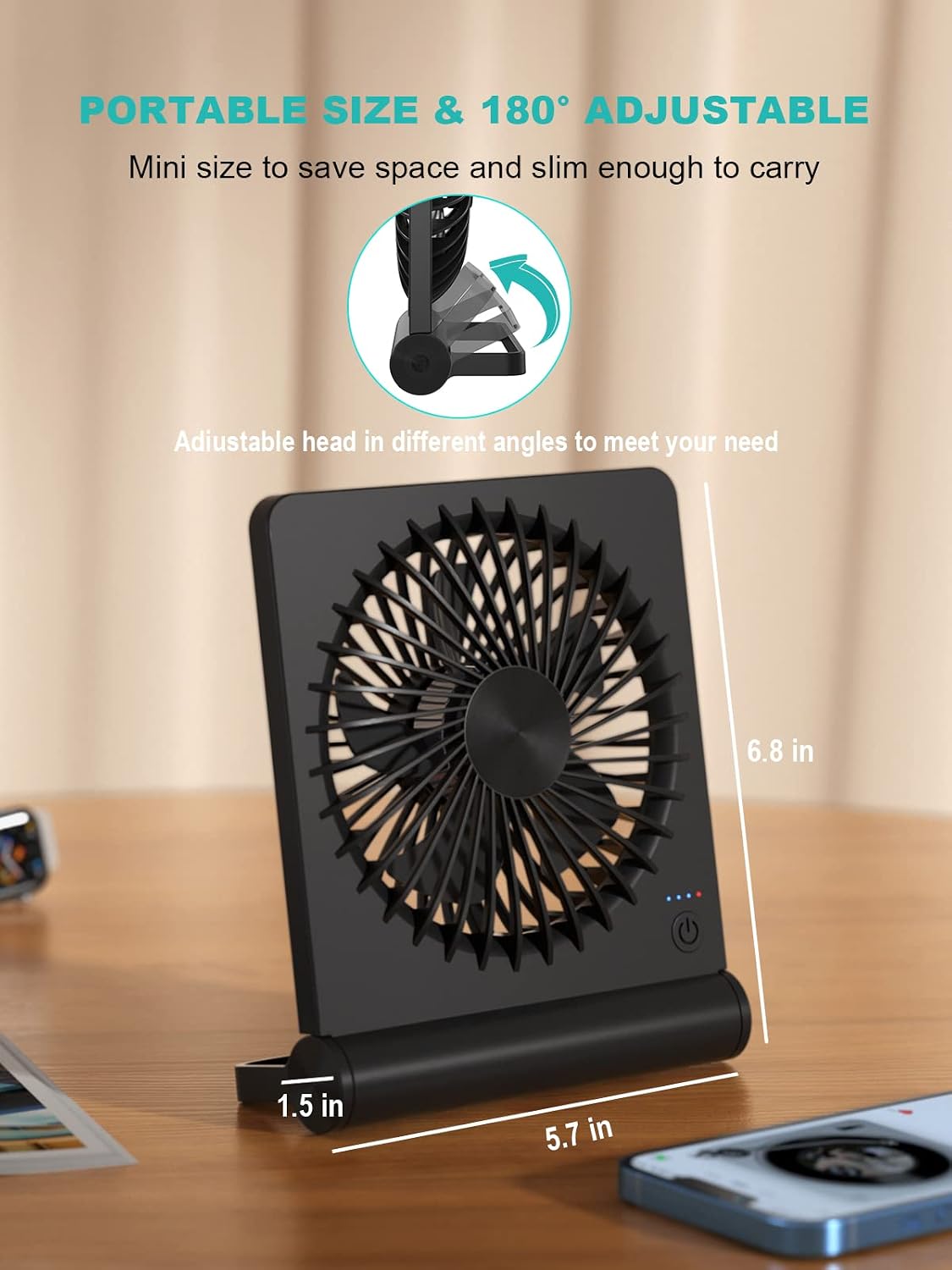 Desk Fan, Rechargeable Battery Operated, 3 Speeds Ultra Quiet Strong Wind | USB-C powered,180° tilt folding.25dB quiet.2000mAh battery:12/8.5/4.5hrs.Portable,personal fan for desk,office,home,bedroom.