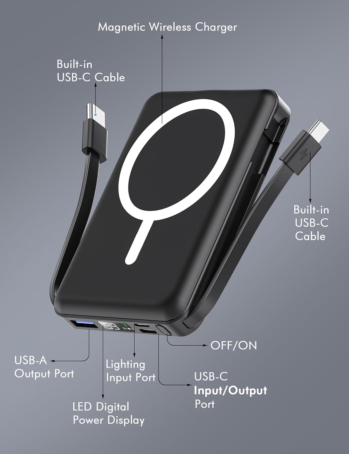 podoru for Magsafe Power Bank, 10000mAh Magnetic Portable Charger | Built-in Double USB-C Cables, 20W PD Fast Charging Wireless Battery pack for iPhone 17/16/15/14/13/12 Series-Black