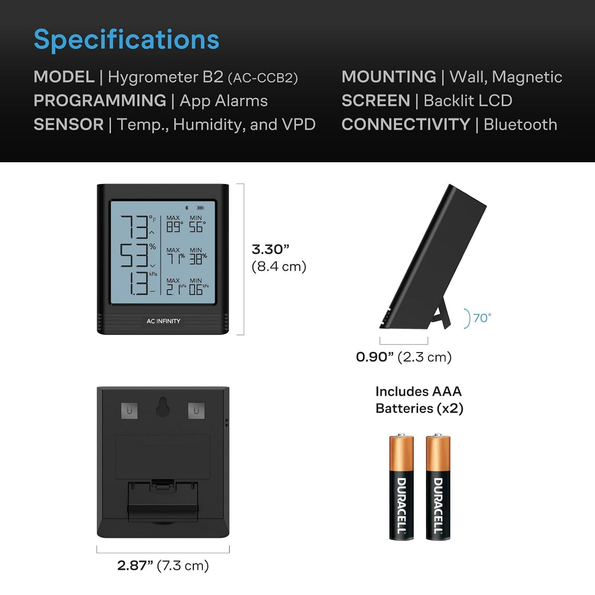 AC Infinity Temperature Humidity VPD Smart Hygrometer B2 with LCD Display