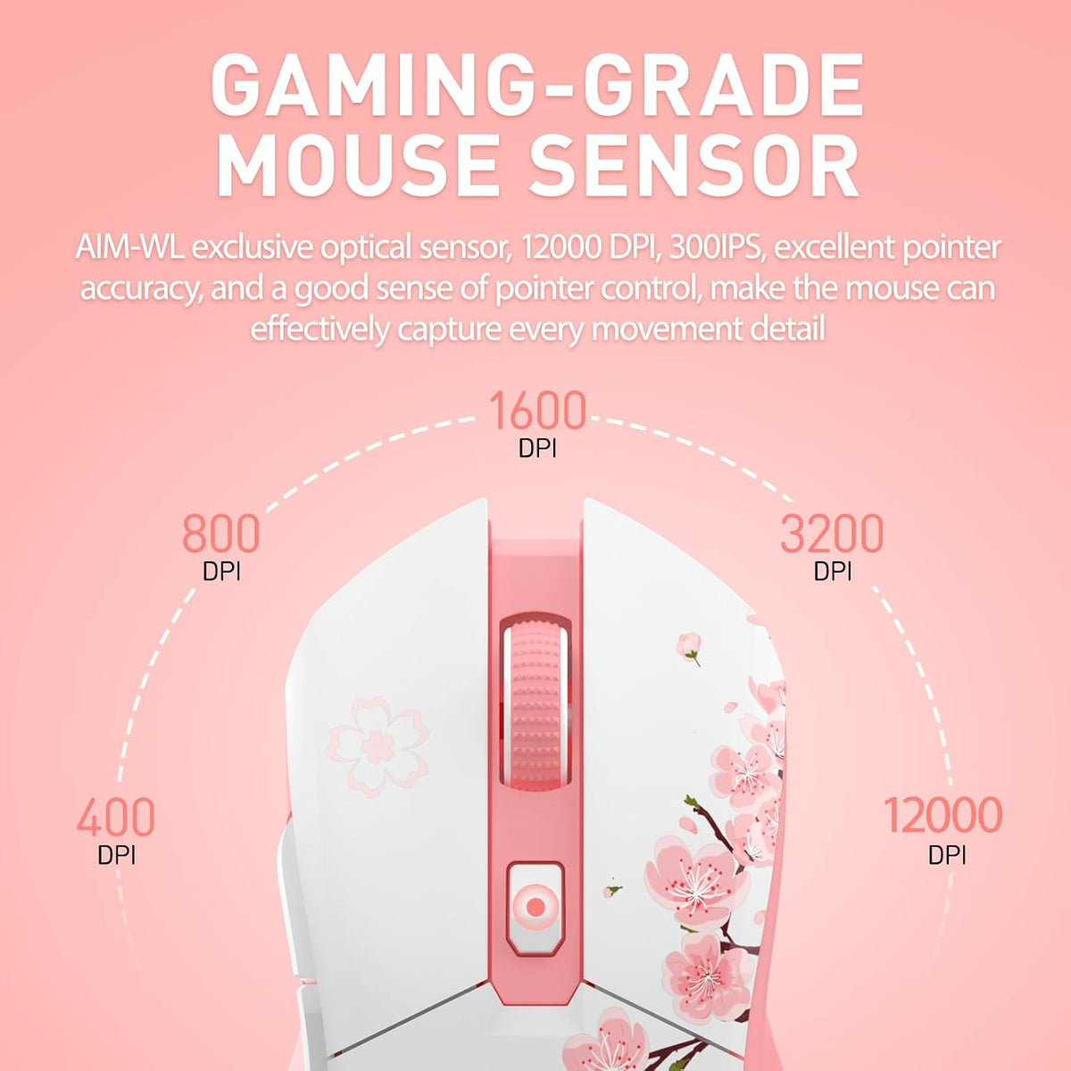 DAREU Sakura Pink Wireless Gaming Mouse with Charging Dock Rechargeable RGB,12K DPI,6 Programmable Buttons High-Precision Sensor [300IPS] [1000Hz] for PC Notebook Mac