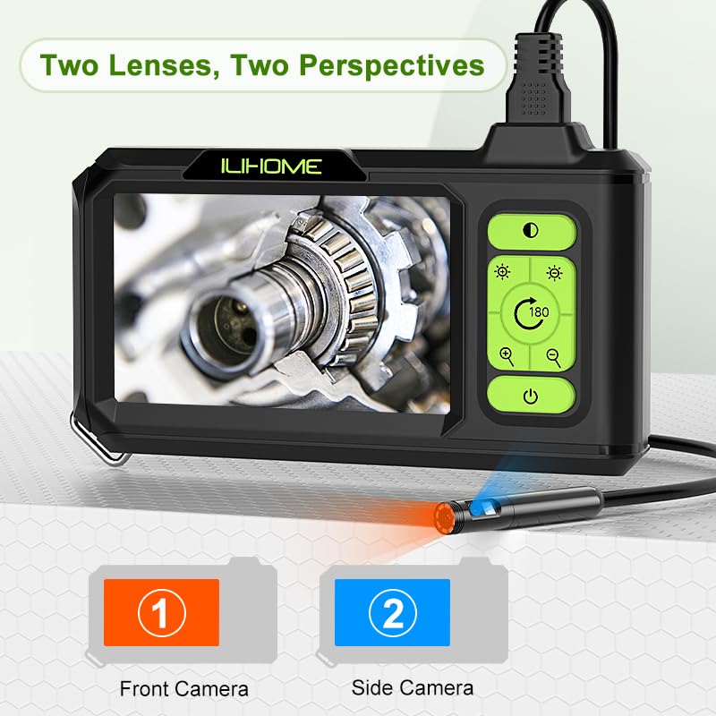 Dual Lens Borescope with Light, 1080P Industrial Endoscope Inspection Camera, 7.9mm IP67 Waterproof, Sewer Camera with 4.3" IPS Screen,8 LED Lights,16.5FT Semi-Rigid Cable.