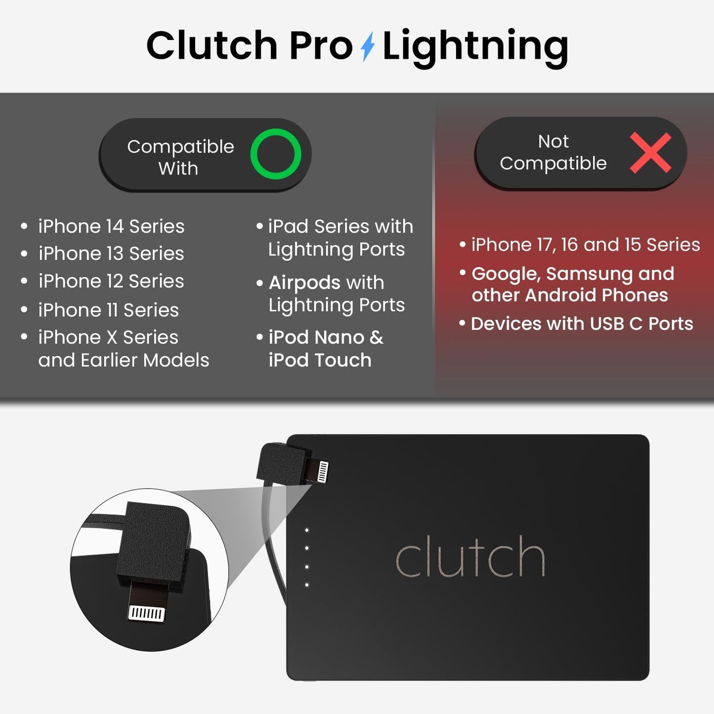 Clutch Pro – World's Thinnest iPhone Charger – Portable Power Bank 5000mAh – Magnetic Built-in Lightning Cable – TSA Approved Travel Charger – iPhone 14 & Earlier – Black