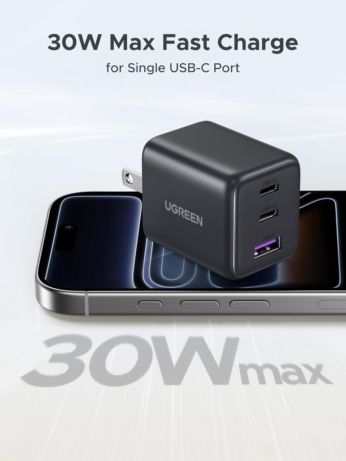 UGREEN 2 Pack 30W Charger for iPhone 17 Fast Charging, 3 Port GaN Charger Block with 6.6ft USB-C Cable for iPhone 17/Air/16/15/14, Galaxy S25/S24/S23, Pixel 10/9/8/7, iPad and More, Matt Black