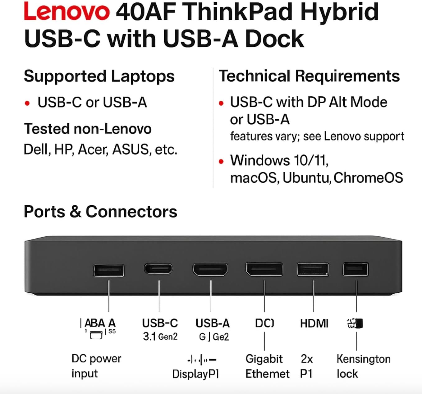 40AF0135US Lenovo Docking Station Dual Monitor - ThinkPad Dock USB-C, USB-A | Dual Monitor Support – Connect multiple displays with HDMI & DisplayPort outputs