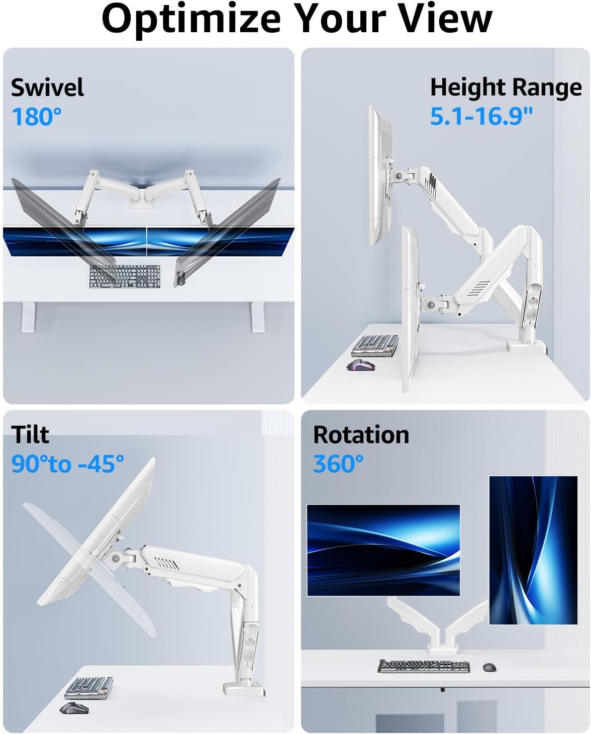 Dual Monitor Stand fits up to 32 inch, 4.4-19.8 lbs Computer Screens, Dual Monitor Desk Mount Height Adjustable, Monitor Arms for 2 Monitors, Home Office VESA Mounts, Freelift White