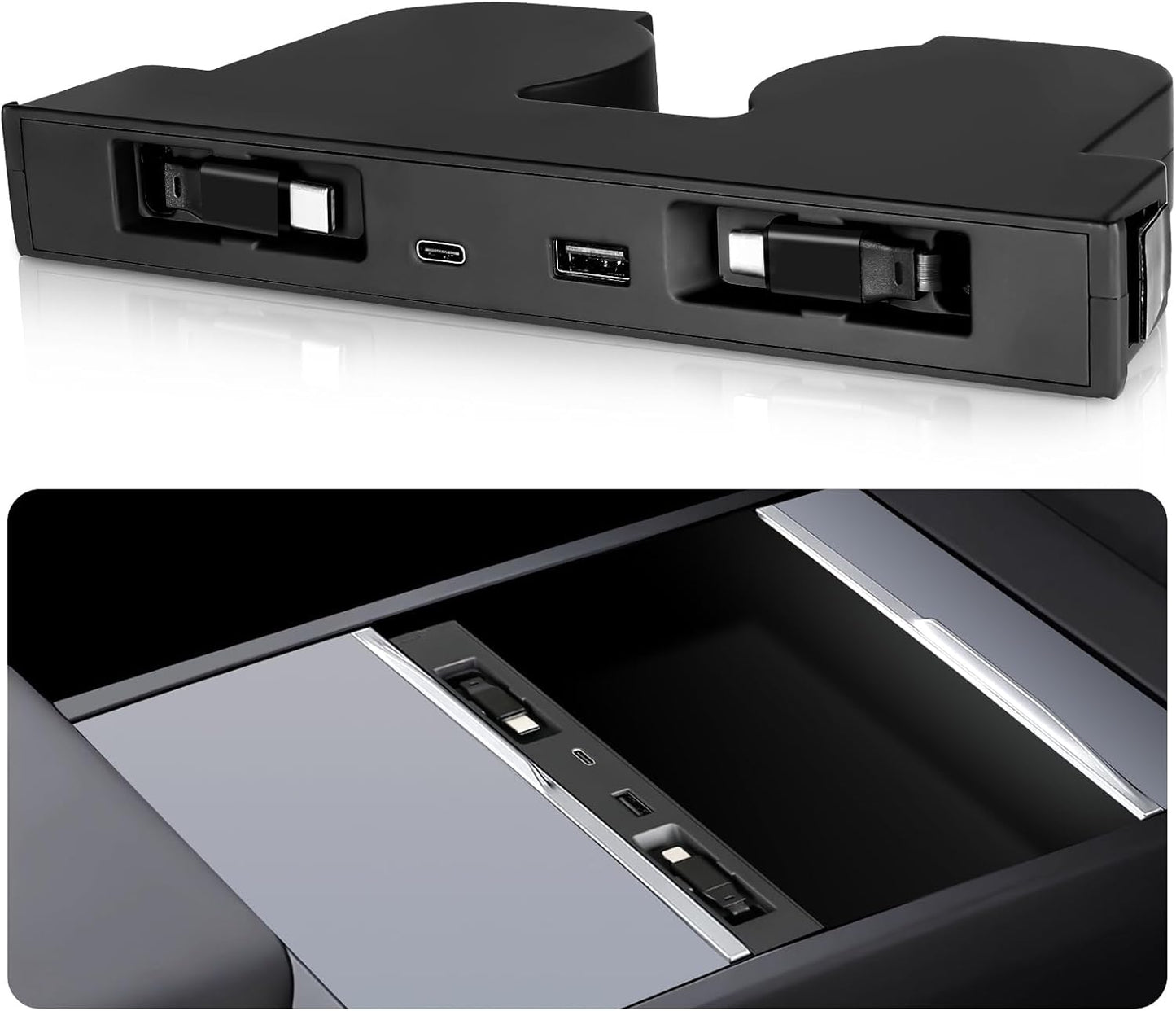 USB Hub for Tesla Model Y Juniper 3 Highland Y L with Dual Type-C | Fits Model Y Juniper 2025 2026 Model 3 Highland 2024-2026 Y L, 117W 4-in-1 Center Console Docking Station with Sunken Design