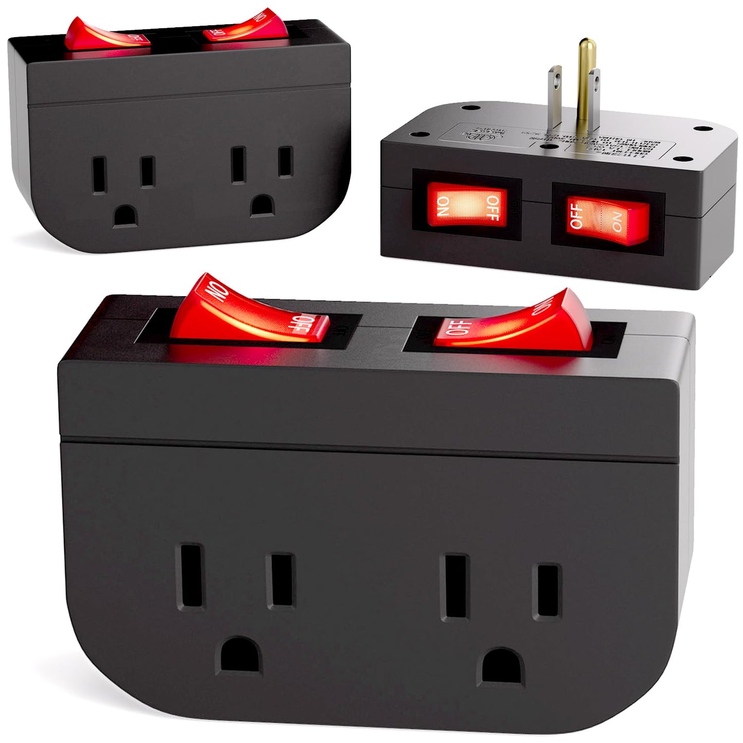 3Pack - POWAWINI Grounded Outlet with Double On Off Switch, Two Port Electrical Outlet Plug Switch, Wall Tap Adapter with Daul Red Indicator, 1875W,15A, ETL Listed (Black)