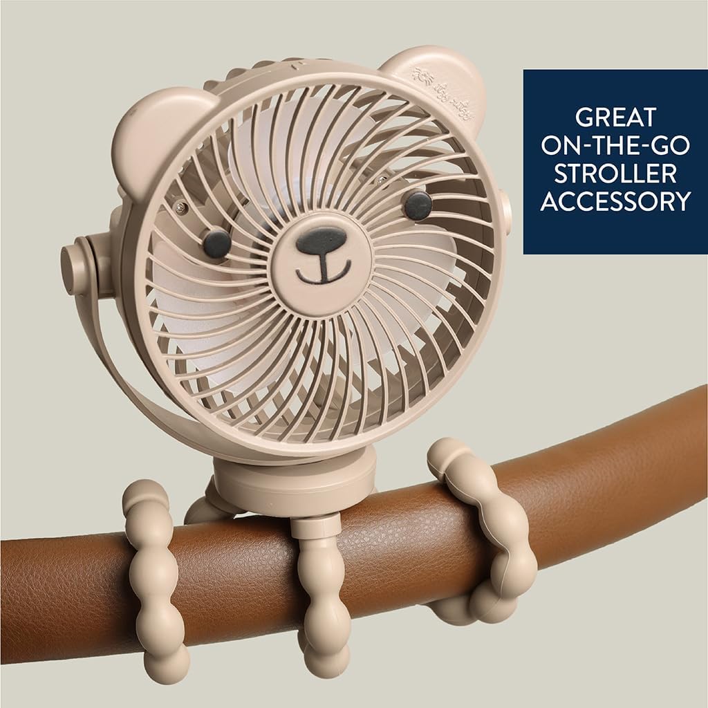 Itzy Ritzy Baby Stroller Fan, Rechargeable Fan with Wraparound Legs (Bear) | 360° Swivel, Flexible Wraparound Legs Attach to Strollers & Car Seats, USB Rechargeable with 3 Speeds for Cooling On the Go