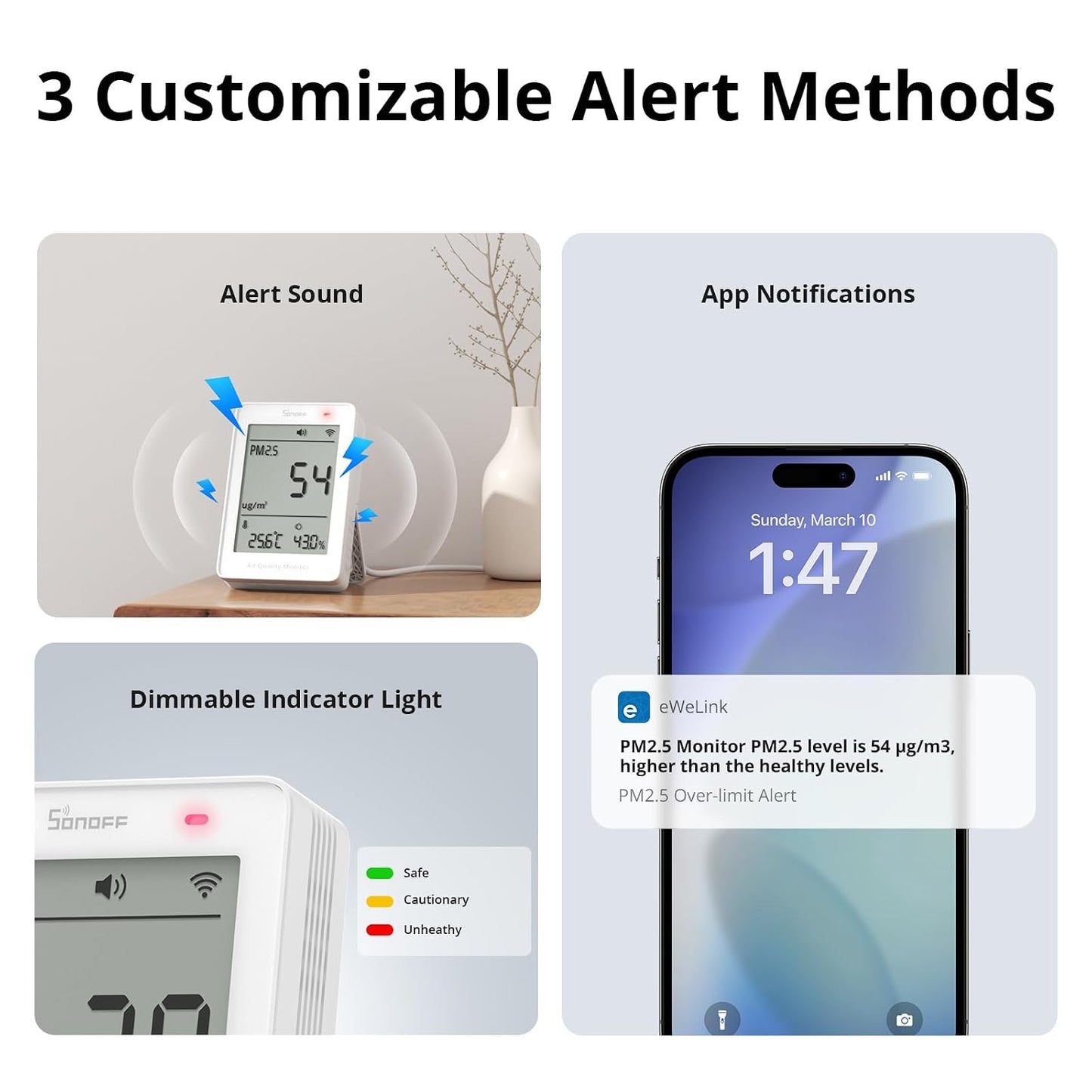 SONOFF SAWF-07P Smart Indoor Air Quality Monitor with PM2.5, PM10, Temperature & Humidity Sensor, Real-Time Display, Notification, Matter-Compatible, 2.4GHz WiFi, 3.73-inch Screen, for Bedroom, Nusery