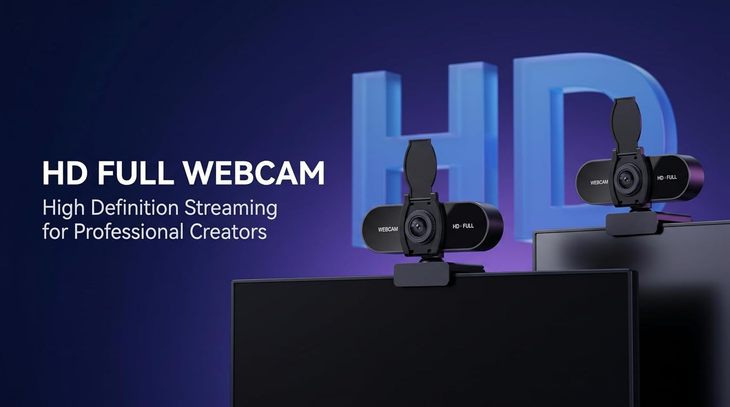 1080P HD Webcam with Microphone, Noise Cancellation, Privacy Cover, Wide-Angle Lens, Auto Light Correction, Plug & Play USB Webcam for Laptop, Desktop, PC, Mac, Zoom, Skype, Streaming (1080p)