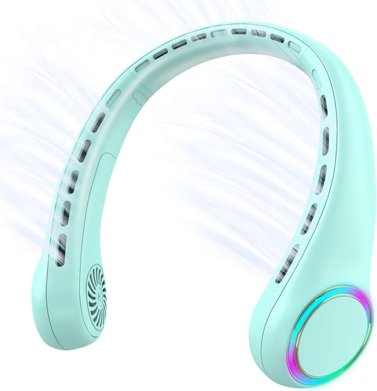 GULAKI Portable Neck Fan, Personal Fan with 4000mAh Battery, Rechargeable Neck Fan with 3 Speeds and 64 Cool Lights, Birthday Gifts for Men Women Mom Dad, Hands Free Cooling fan for Summer(Green)