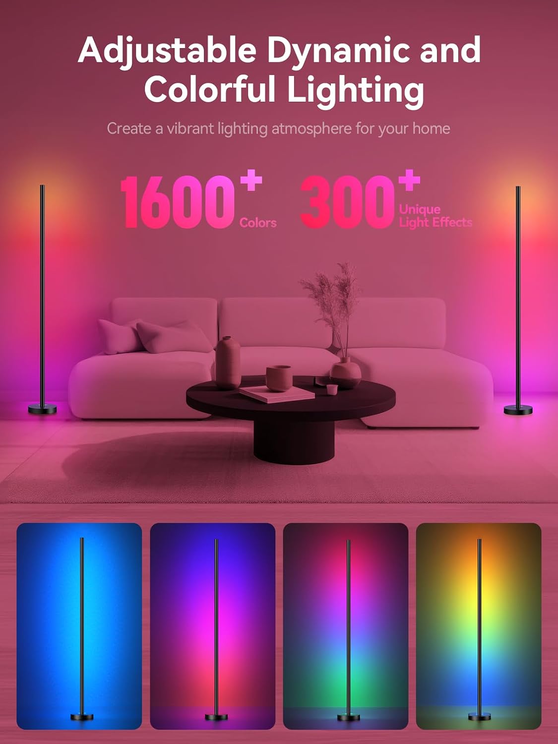 OIYN Smart RGBICW LED Corner Floor Lamp - 16 Million DIY Colors, 68+ Scenes, Music Sync, App &amp; Remote Control, Color-Changing Ambient Lighting for Living Rooms, Bedrooms, and Gaming Rooms