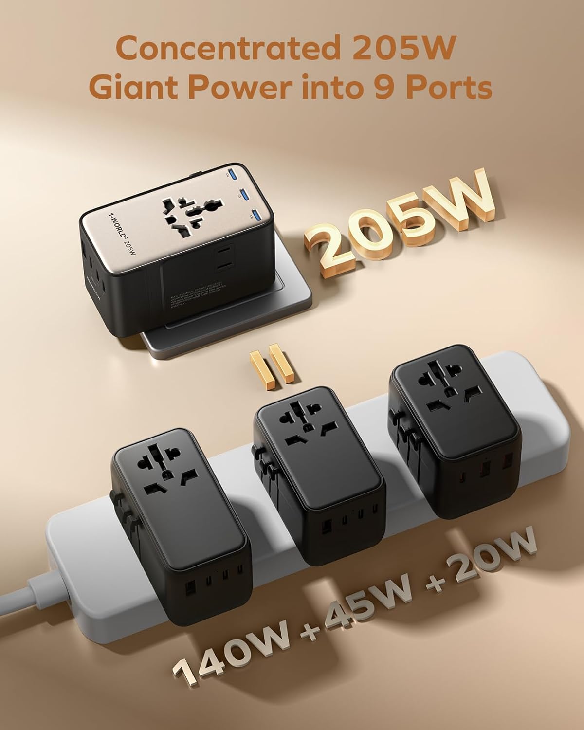 Momax 9-in-1 High-Power Universal Travel Adapter, 205W GaN Worldwide Charging Hub with 6 USB-C & 1 USB-A, AC Outlet, Type A/C/G/I Plugs for 200+ Countries, Safe for Laptops, Phones, Cruise Ready