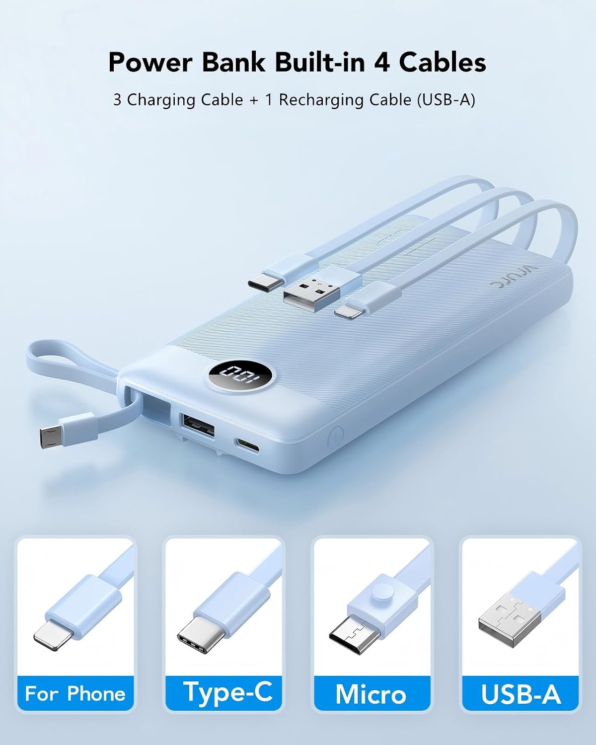VRURC Portable Charger for iPhone, Built in 4 Cables Power Bank 10000mAh | Compact USB C Charging Bank 5 Outputs for Multi Devices,Travel Essential for Hiking Camping Business Cruise Ship-Blue