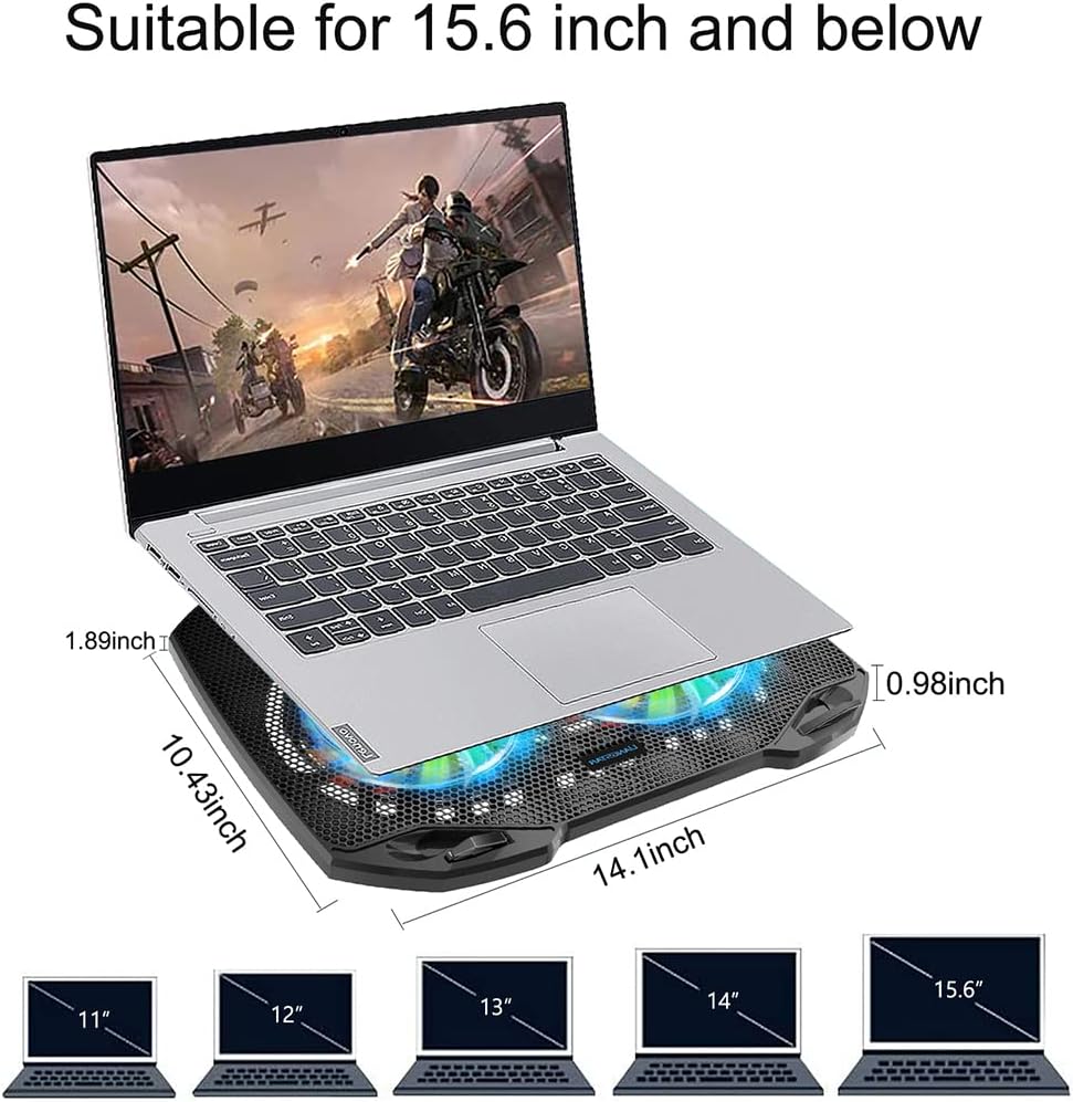 LIANGSTAR Laptop Cooling Pad, Gaming Laptop Cooler with 2 Quiet Big Fans, RGB 7 Color Light Change, Portable USB Laptop Stand 11 to 15.6 Inch, Slim and Easy Carry Working Study Outdoor Travel
