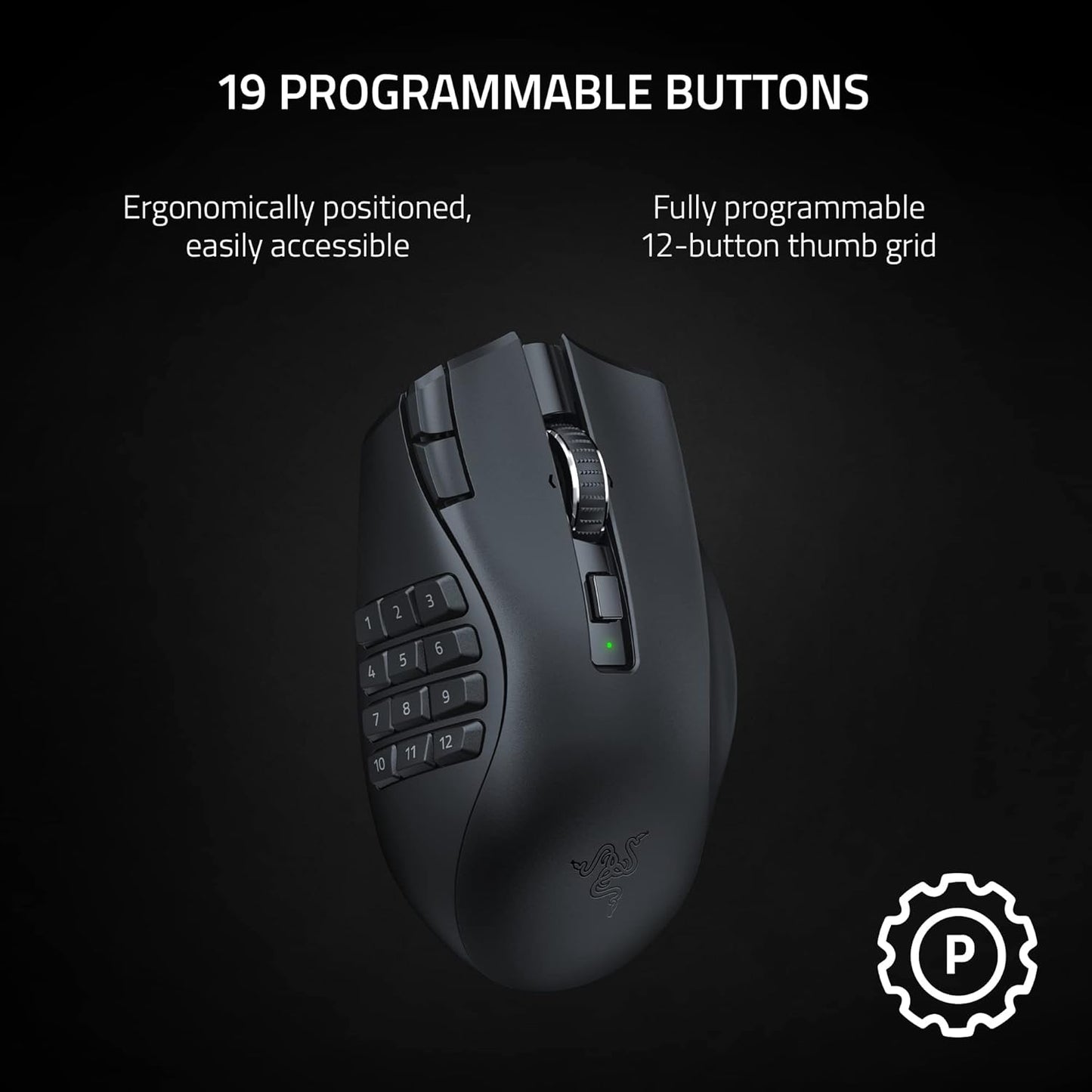 Razer Naga V2 HyperSpeed Wireless MMO Gaming Mouse, 400 Hr Battery, Black | 19 Programmable Buttons, HyperScroll Technology, Focus Pro 30K Optical Sensor, Mechanical Mouse Switches Gen-2