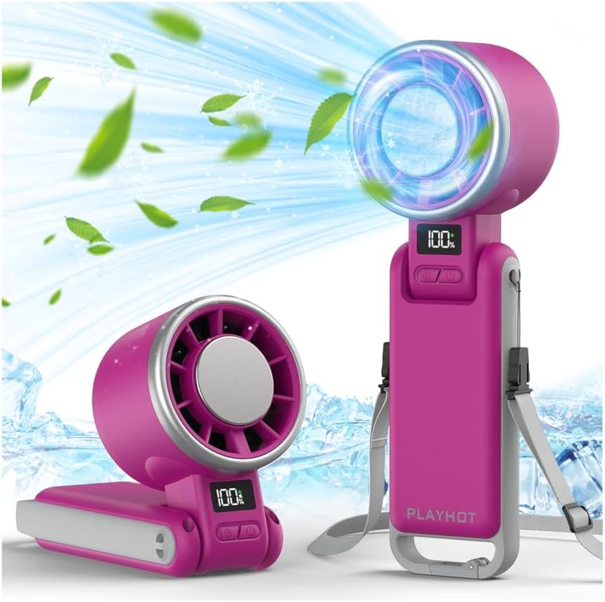PlayHot Portable Handheld Cooling Fan, Travel Essentials, Gifts for Women | Instant Cooling, 10m/s Airflow, 5-Speed, 10H Max, USB-C Rechargeable, LED Display, 3-in-1 Foldable for Cruise, Beach Vacation