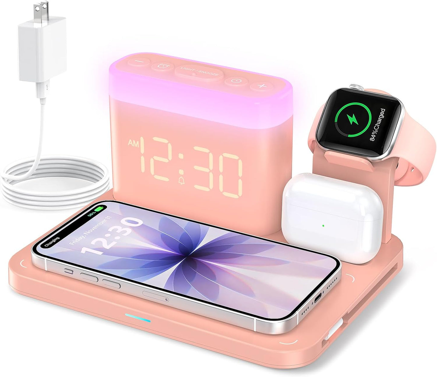 ANJANK Wireless Charging Station,5 in 1 Multiple Charger Stand with Alarm Clock,7 Night Light,Magnetic Charging Dock for iPhone 17 16 15 14 13 12 Pro Max Plus,Apple Watch 11/10/9/8,for Airpods,Bedroom