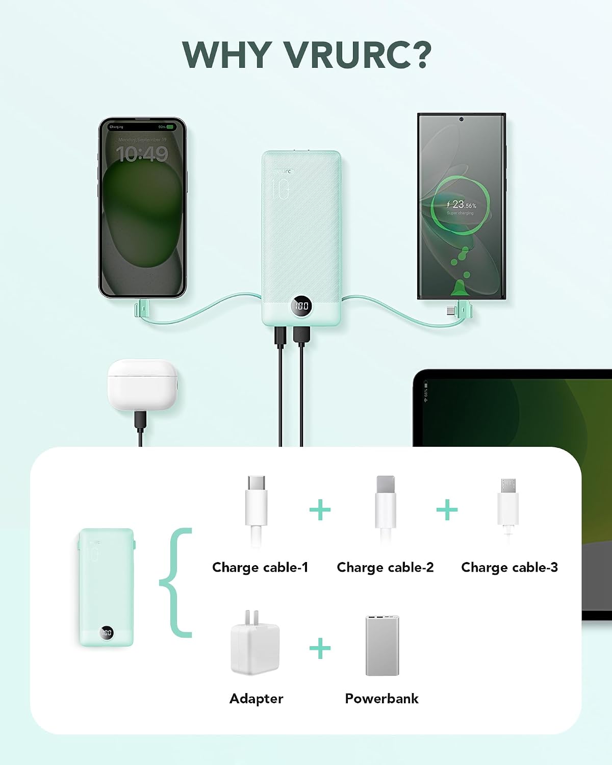 VRURC Portable Charger Built-in Cables and AC Wall Plug, USB C Power Bank 10000mAh, Travel Battery Portable Phone Charger Compact Lightweight External Battery Pack for Smart Phones, Tablets etc-Green