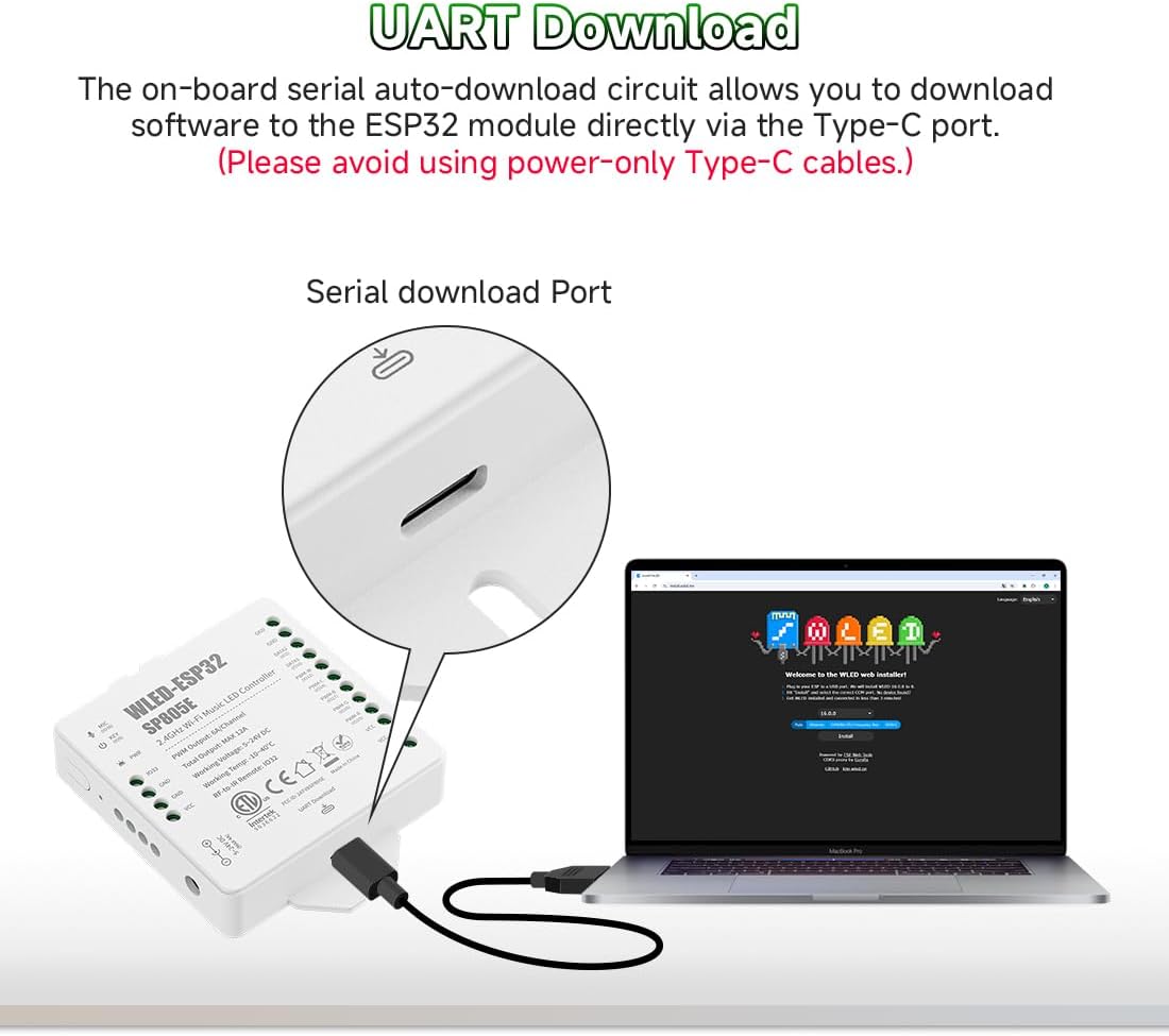 BTF-LIGHTING SP805E WLED LED Controller ESP32 with Mic, WiFi APP Control | For WS2812B WS2811 SK6812 WS2814 LED Strip/Matrix & PWM Dim CCT RGB RGBW RGBCCT LED , 2 SPI Channel, USB-C UART, DIY Lights