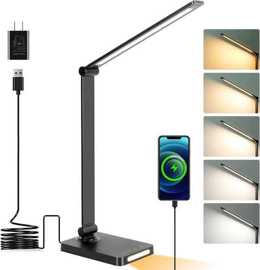 LED Desk Lamp with USB Ports,Touch Desk Lamps for Home Office with 5 Modes | 3 Brightness Desk Light with Small Night Light,Reading Lamp Table Lamp for Bedroom Bedside Study Black （with adapter）