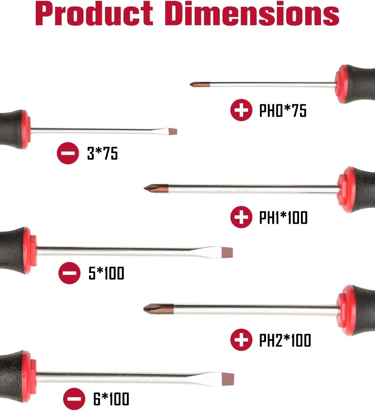 6PC Magnetic Tip Screwdriver Set, 3 Phillips and 3 Flat | 3 Phillips and 3 Flat, Red Tip, Gloss, S2 Steel