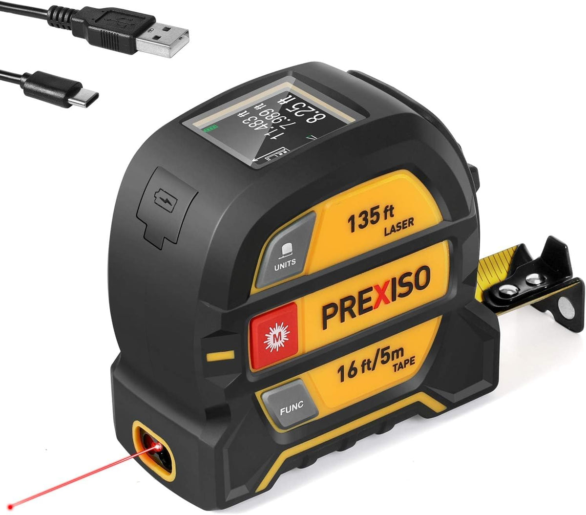 PREXISO 2-in-1 Laser Tape Measure 135Ft Rechargeable Laser Measurement Tool | 16Ft Measuring Tape with Movable Magnetic Hook - Pythagorean, Area, Volume, Ft/Ft+in/in/M Unit NOT Digital