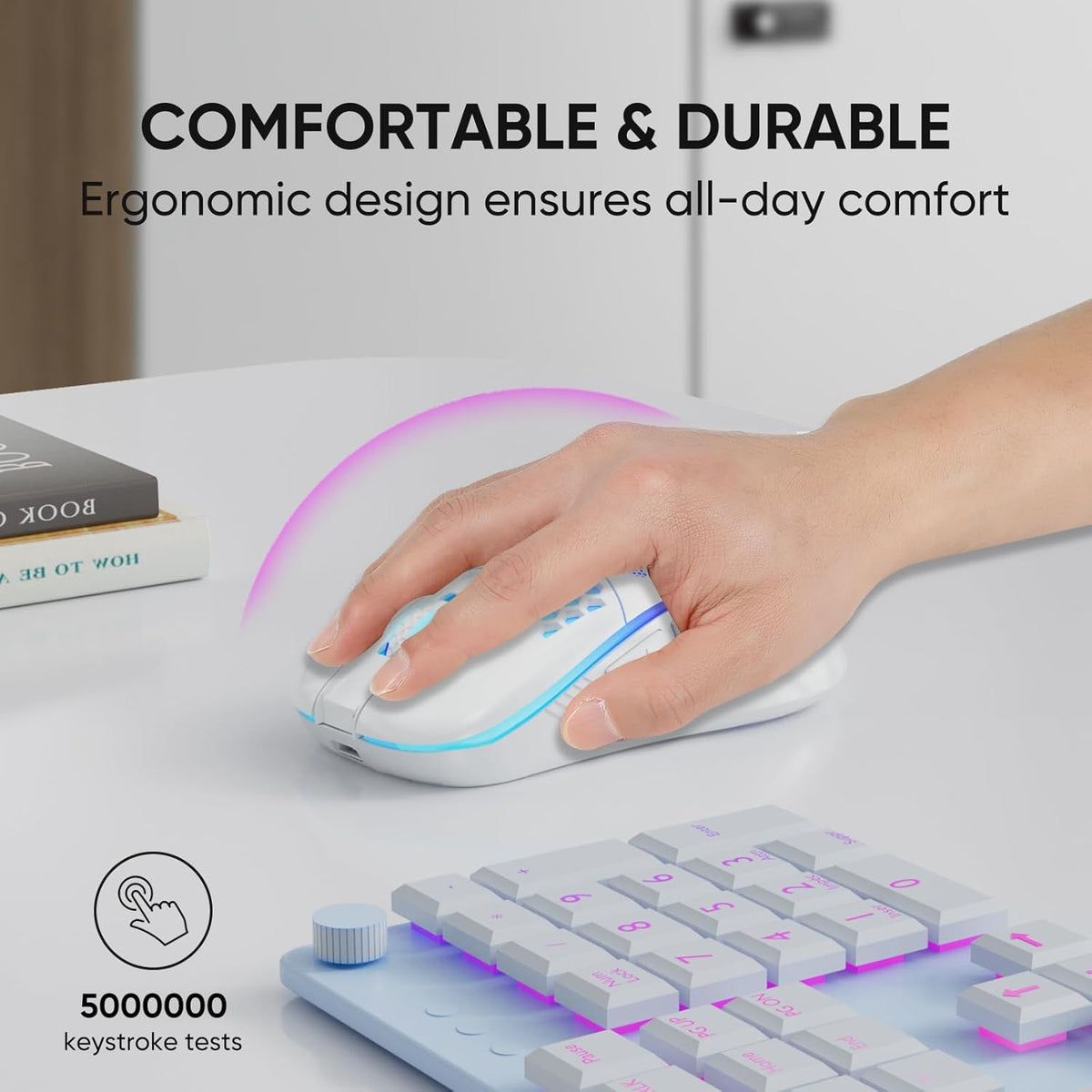 MELOGAGA Wireless Gaming Mouse RGB Rechargeable Lightweight Honeycomb White | 7-Color LED Light, 4 DPI Levels, USB-C Recharge & Stable 2.4G Wireless for PC Mac Laptop Desktop Computers