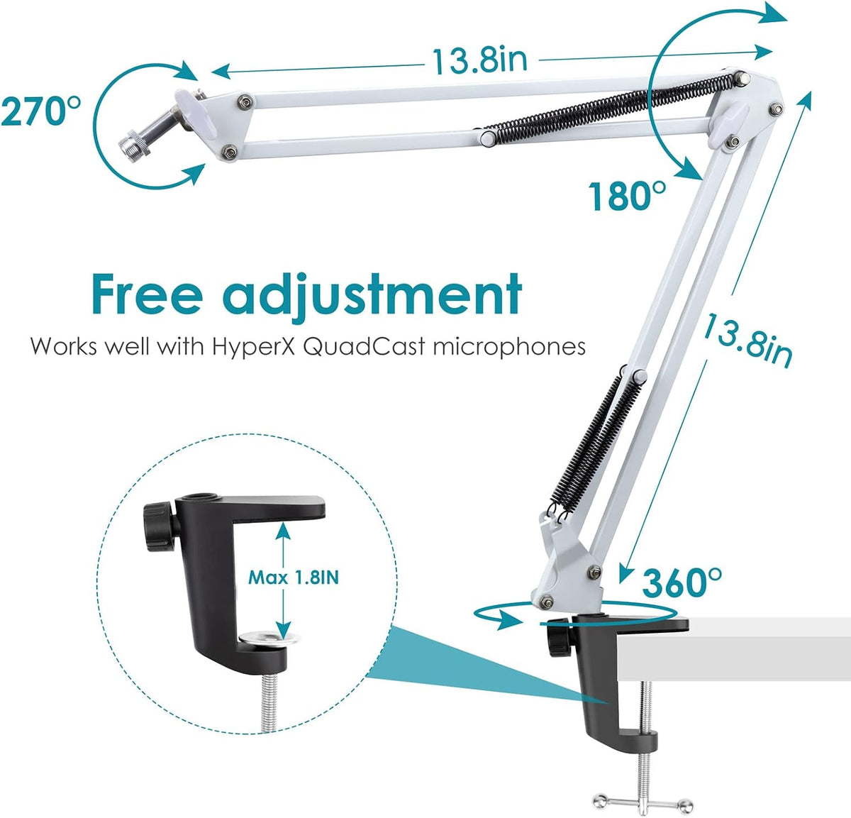 White Boom Arm for HyperX QuadCast S - White Mic Arm Compatible with Hyperx Quadcast White Microphone, Premium Microphone Boom Arm Stand by YOUSHARES