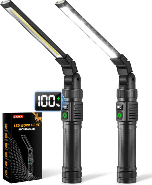2Pack Magnetic Rechargeable LED Work Light/Flashlight for Mechanics | All Aluminum, 1500 High Lumens, Digital Display, 7 Modes, 360° Rotation, for Car Repairing, Emergency, Gifts for Father