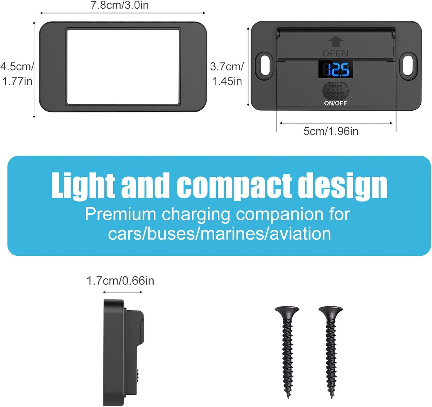 84W 4 Port 12V USB Outlet Surface Mount with Voltmeter, 36W PD and Dual 18W QC3.0 Car USB Port Lightweight Charger Socket Replacement Panel with Button Switch for Bus RV Truck Marine Golf Cart