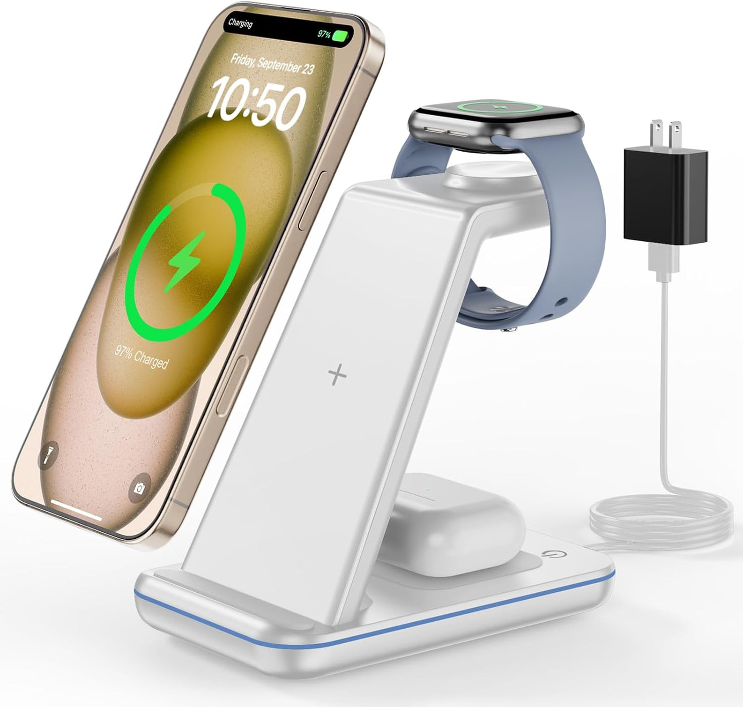 Wireless Charging Station for Apple - 3 in 1 Wireless Charger Stand Dock Watch and Phone Charger Station for Apple Watch 11/8/7/SE/6/5/4/3/2, iPhone 17 Air 16-12 Pro Max SE XS X, Samsung, AirPods