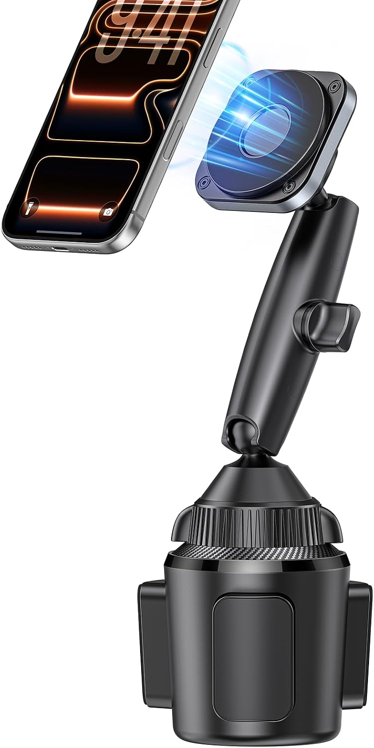 EXELIQ Magnetic Cup Holder Phone Cradle for Magsafe, Flexible Tri-Pivot Arm | Powerful N54 Magnet Cup Phone Holder for Car Tesla Truck SUV, Compatible with iPhone 17 16 15 14 13 12, Samsung [Not Charger]