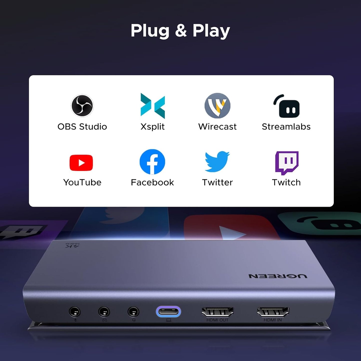 UGREEN 4K 144Hz Video Capture Card HDMI to USB 3.2 Gen 2 Game Recording | Mic and HDMI 2.1 Loop-Out, with Low Latency for Streaming Compatible with Switch 2/Xbox/PS4/PS5/PC/Camera/Mac/OBS/XSplit
