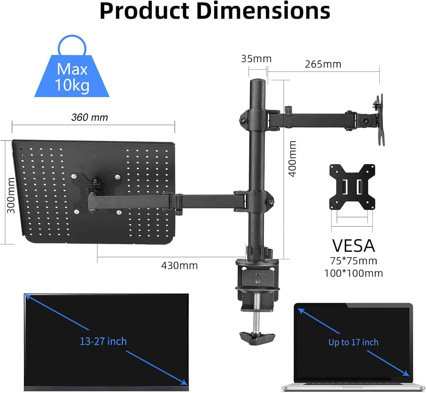 suptek Monitor and Laptop Mount Holds 13-32 inch Computer Screen, Adjustable Monitor Arm Stand with Laptop Tray for 13-27 inch, Hold 22 lbs, with Clamp and Grommet Mounting Base